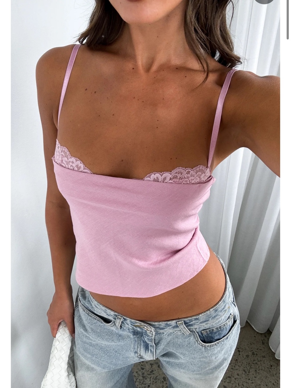 Slim Lace-Trim Pink Cami Top